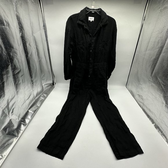 MATE the Label Women's Size Medium Black Linen Long Sleeve Button-Up Jumpsuit - Picture 5 of 15